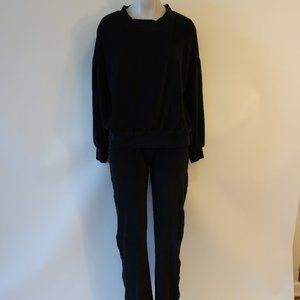 Womens Hippe Beach Bum Black 2 Pc Set Beaded Velour Sweatshirt Jogger Pants L *